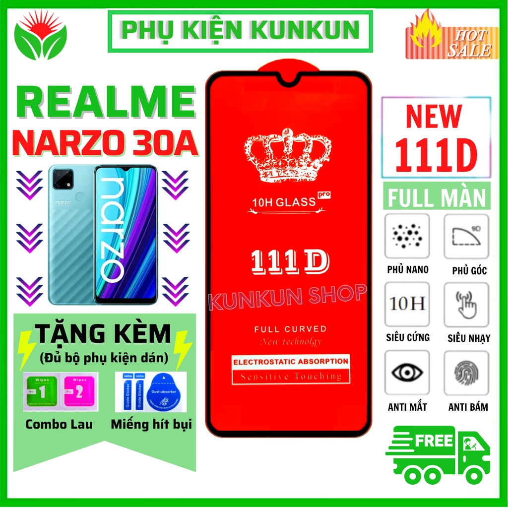 [Loại mới] Kính Cường Lực Realme Narzo 30A - Full màn hình 111D - Độ cứng 10H - Bảo hành 1 đổi 1 - Chống trầy.