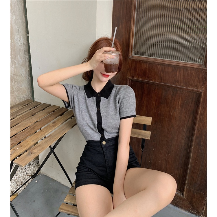 Áo sơ mi dệt kim Polo Colorblock Áo thun ngắn tay dệt kim lụa băng mùa hè cho nữ