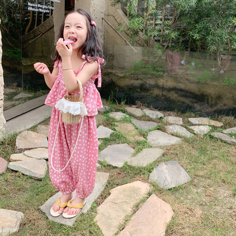 Se7en Bộ Áo Hai Dây In Hoa + Quần Dài Chống Muỗi Mùa Hè Cho Bé Gái