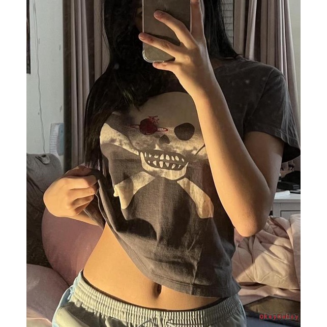 Áo Thun Crop Top In Hình Đầu Lâu Phong Cách Gothic Retro Gothic Màu Cầu Vồng-Y2K