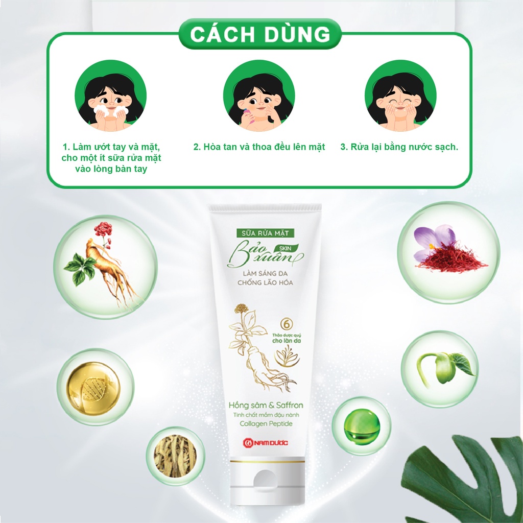 Sữa rửa mặt Bảo Xuân Skin tính chất dịu nhẹ làm sáng da, ngừa lão hóa, chiết xuất thảo dược 50g SRM