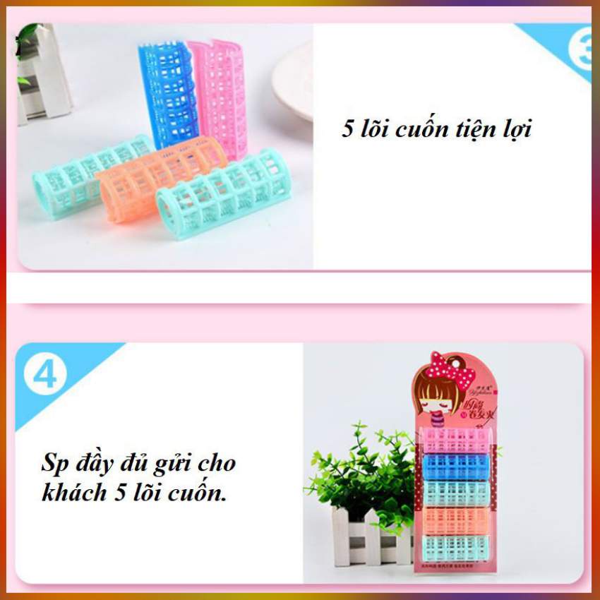 Set 05 Lô cuốn tóc tự dính có kẹp đỡ, lô cuốn tóc xoăn lõi nhựa vào nếp tóc xoăn dễ dàng.