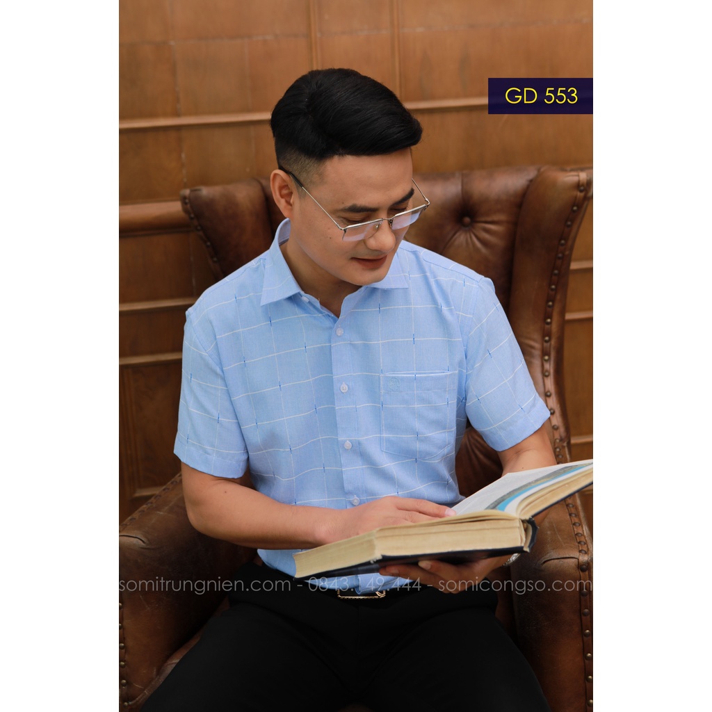 Áo Sơ Mi Nam Công Sở Trung Niên Thương Hiệu Anton Màu Xanh Dương Họa Tiết Kẻ Sọc Trắng Vải Cotton – XGD553