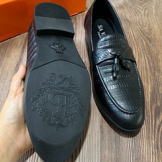 Giày tây công sở nam da bò nguyên miếng chuẩn 100% chuông vân đen cao cấp(BH 12 THÁNG)
