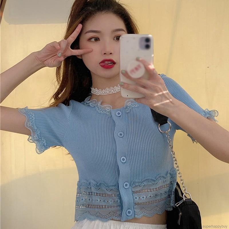 Áo Croptop Dệt Kim Tay Ngắn Phối Nút Thiết Kế Hợp Thời Trang