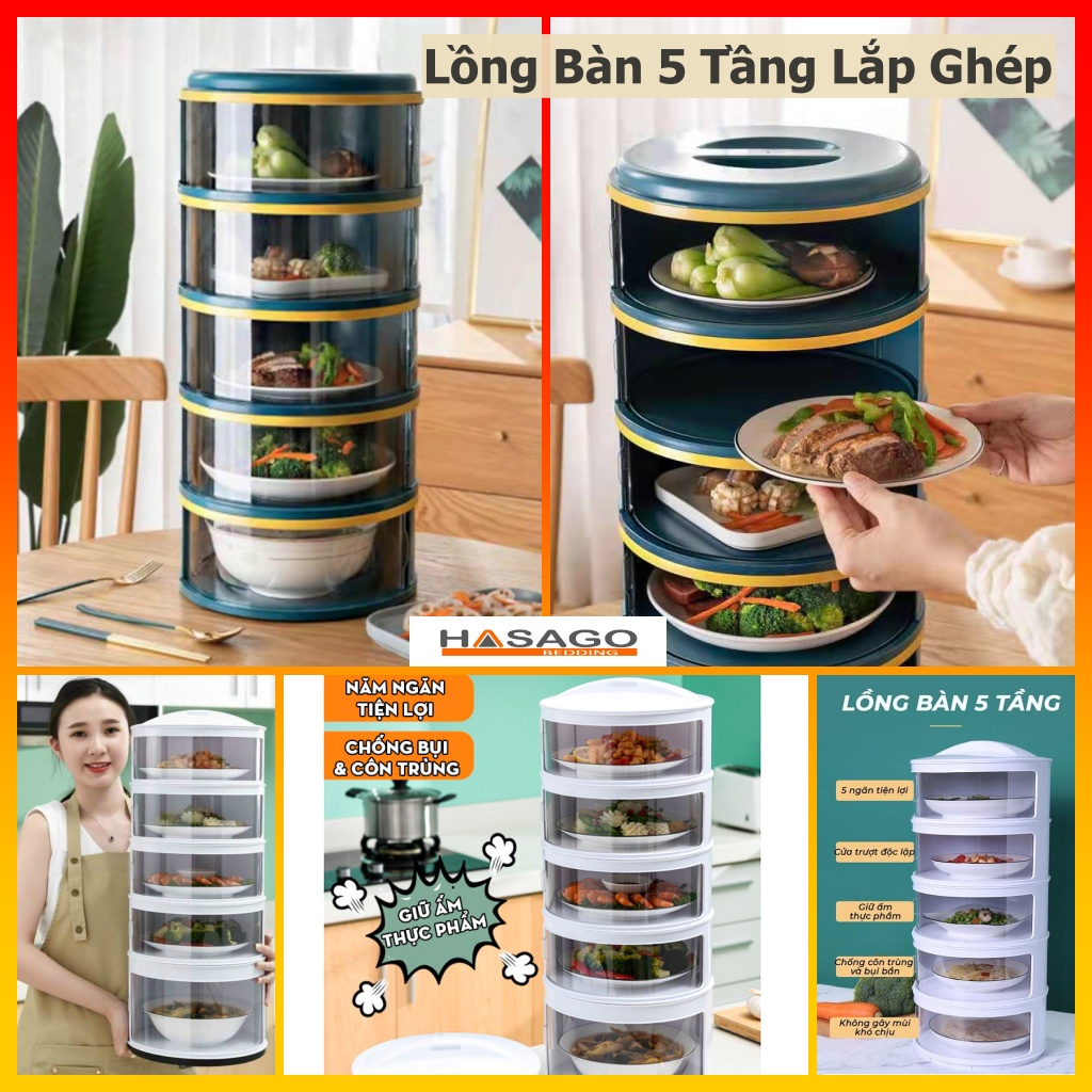 Lồng bàn 5 TẦNG  Khay đậy thực phẩm Hộp đựng thức ăn giữ nhiệt Chống bụi côn trùng đa năng tiện dụng Dễ dàng tháo lắp