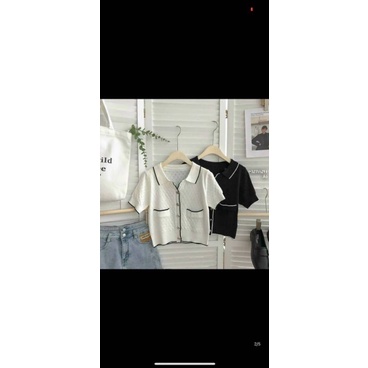 Áo len nút hai túi phối viền khác màu tay ngắn hàng Quảng Châu 0205