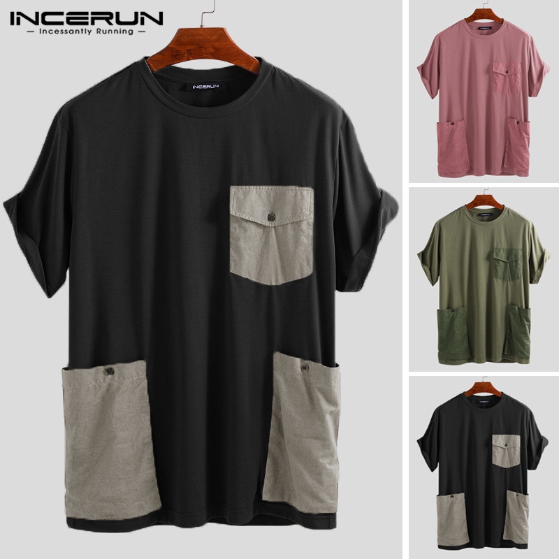 INCERUN Áo thun ngắn tay phối túi phong cách thời trang dành cho nam và nữ