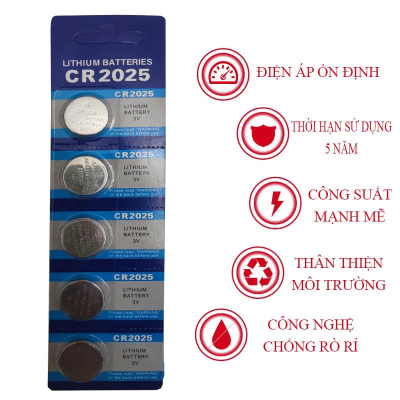 [Hàng chuẩn] Vỉ 5 viên pin CR2025 màu xanh Doublepow chuyên nghiệp dùng cho chìa khóa ô tô, CMOS, Bo mạch, thiết bị y tế