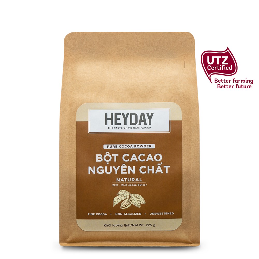 Bột cacao nguyên chất 100% Heyday - Dòng Natural thuần tự nhiên, không kiềm hoá - Túi giấy 225g - Chuẩn UTZ Quốc Tế
