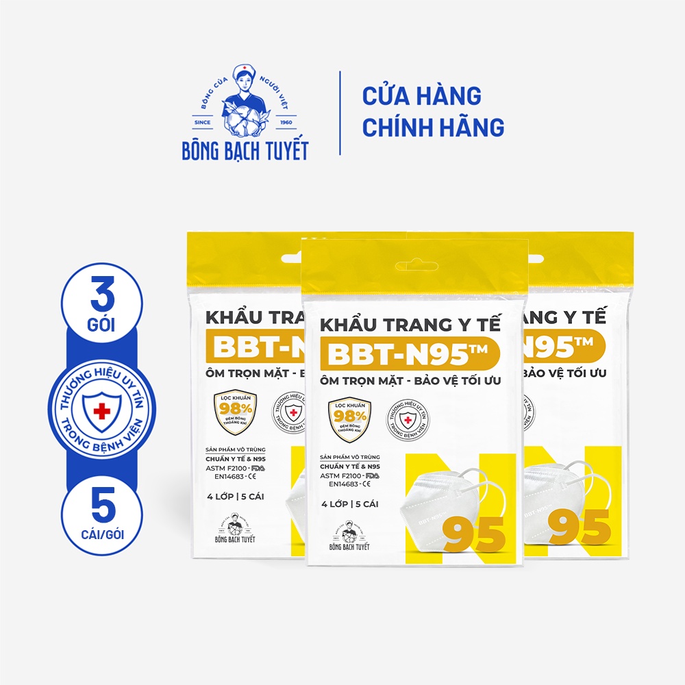 Combo 3 Gói Khẩu Trang Bông Bạch Tuyết N95 Trắng (5 cái/gói)