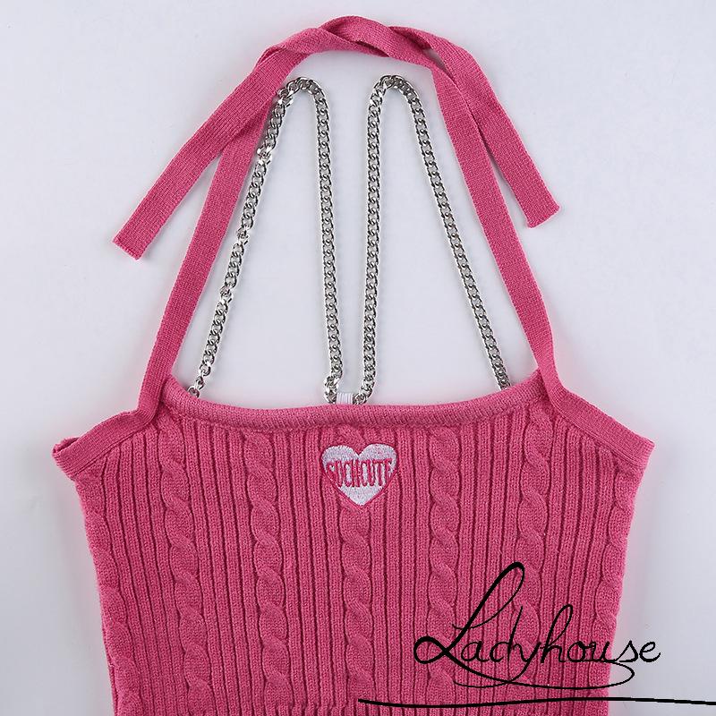 Áo Croptop Dệt Kim Hai Dây Không Tay Thêu Họa Tiết Trái Tim Thời Trang Mùa Hè Cho Nữ