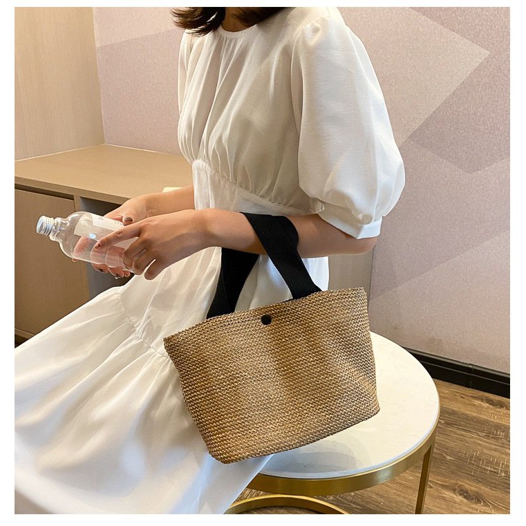 Túi Cói Đi Biển Boho Vintage Đeo Vai, Đeo Chéo Hình Vuông Chữ Nhật Dây Da Màu Trắng Đen