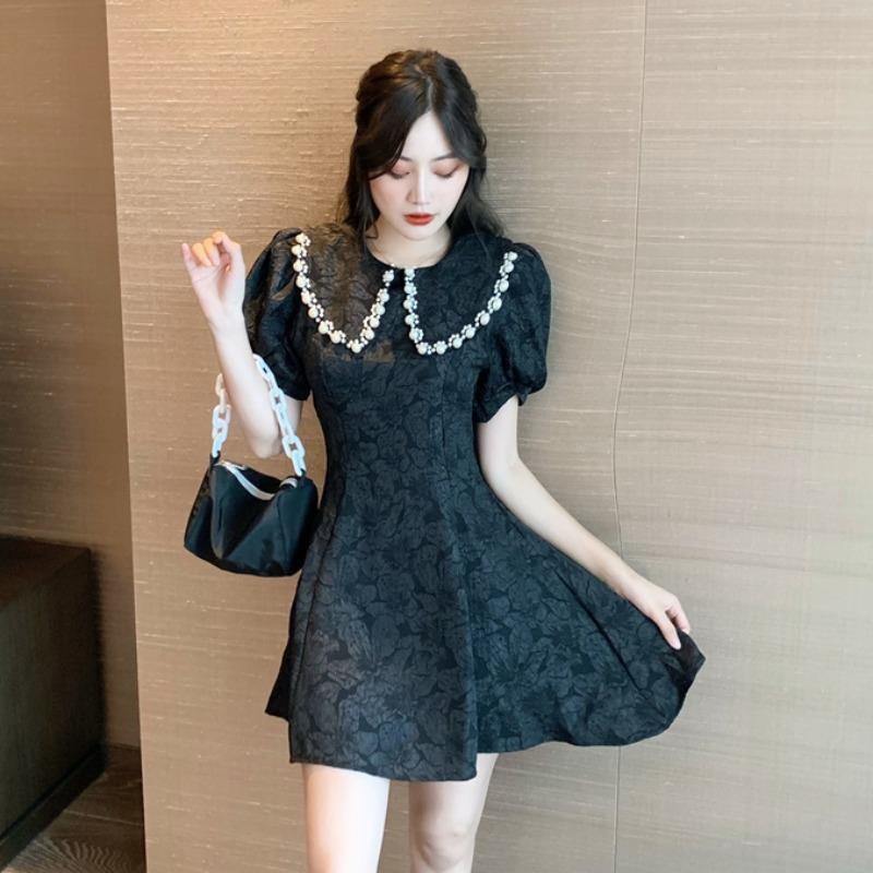 Đầm Ngắn Dáng Chữ A Cổ Búp Bê Tay Phồng Đính Hạt Thời Trang Mùa Hè Phong Cách Pháp 2022