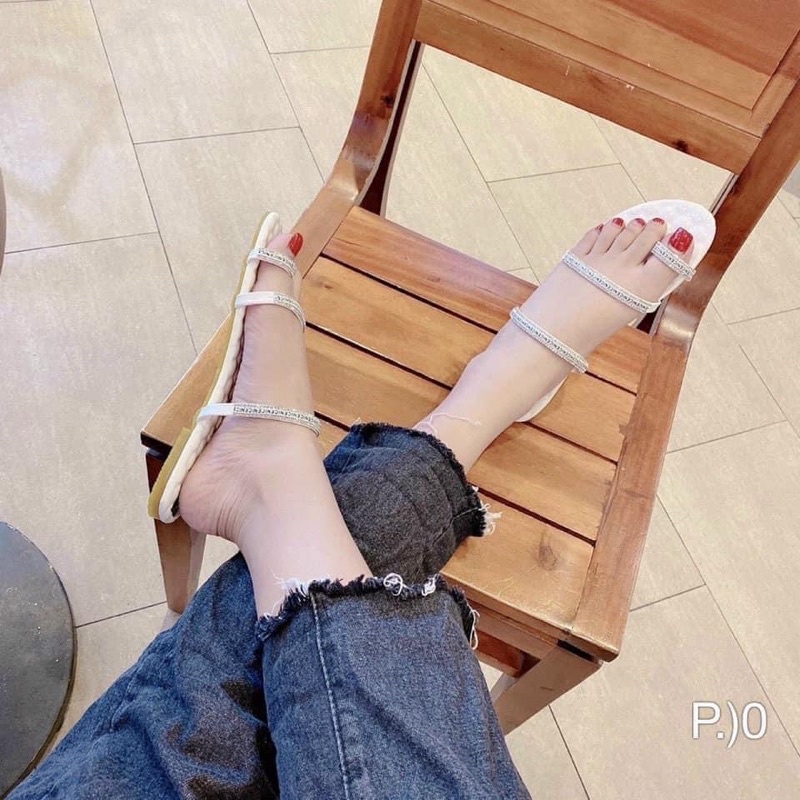 { Hình thật } Dép xỏ ngón đính đá 3 dây đế massage chống trượt
