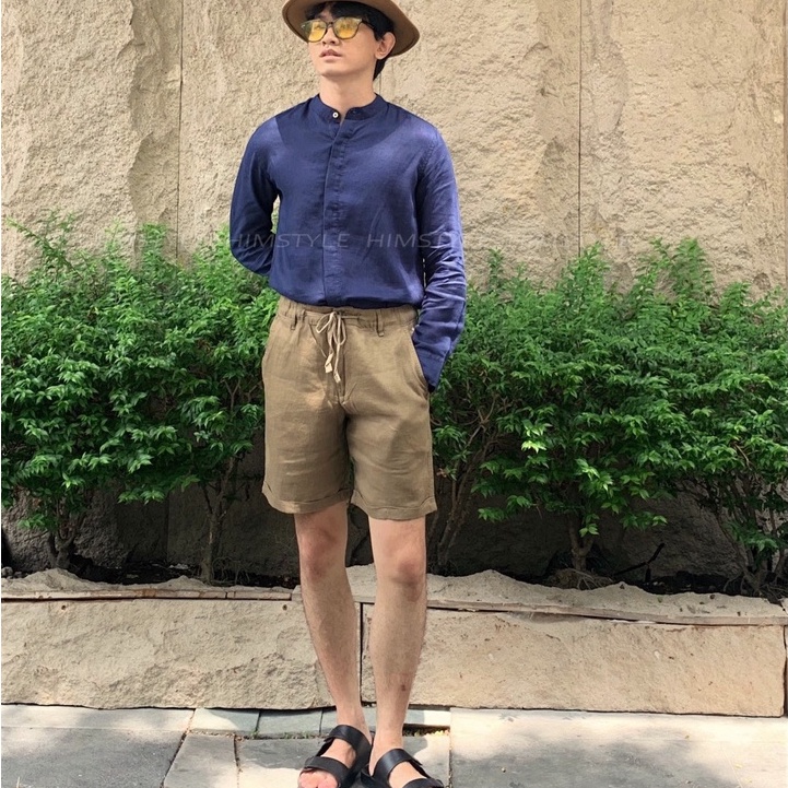 Áo Sơ Mi Nam Cổ Trụ Tay Dài Không Túi Linen Tưng