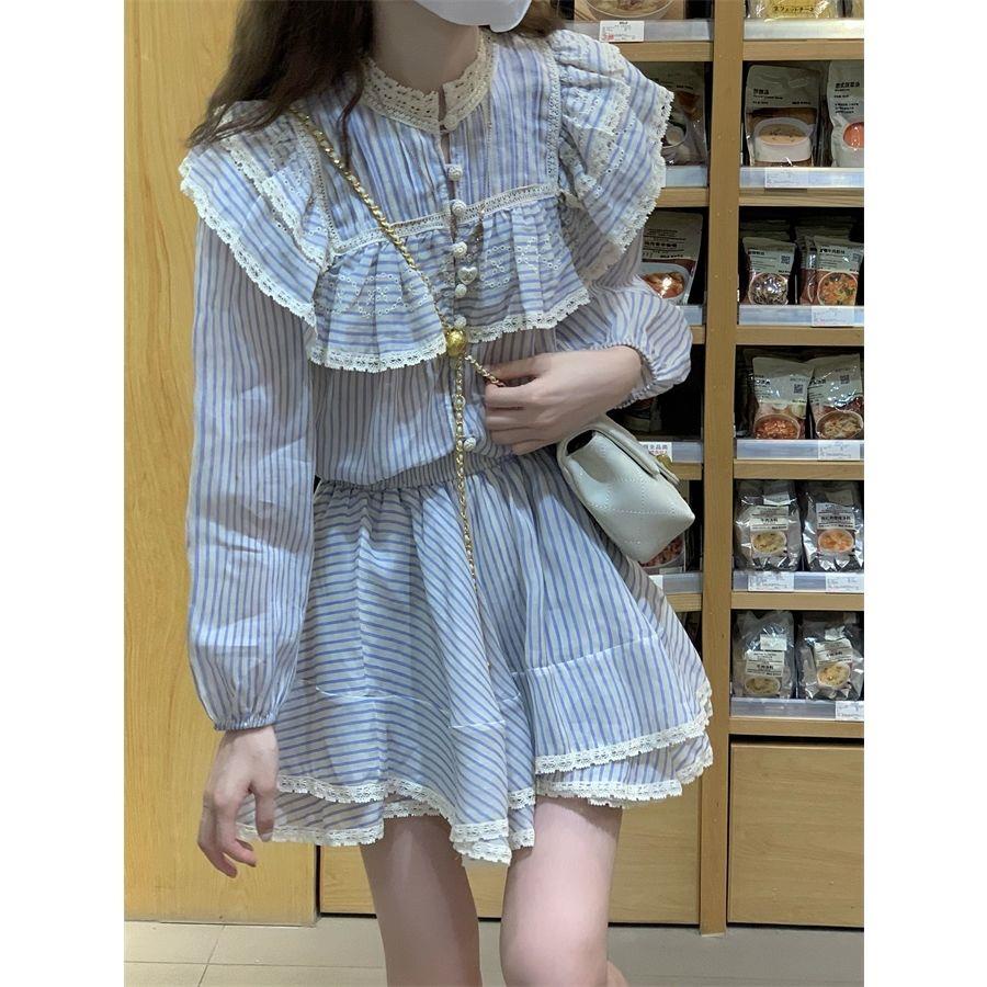 Áo Sơ Mi Tay Dài Phối Ren Bèo + Chân Váy Thời Trang Mùa Thu 2022 Cho Nữ