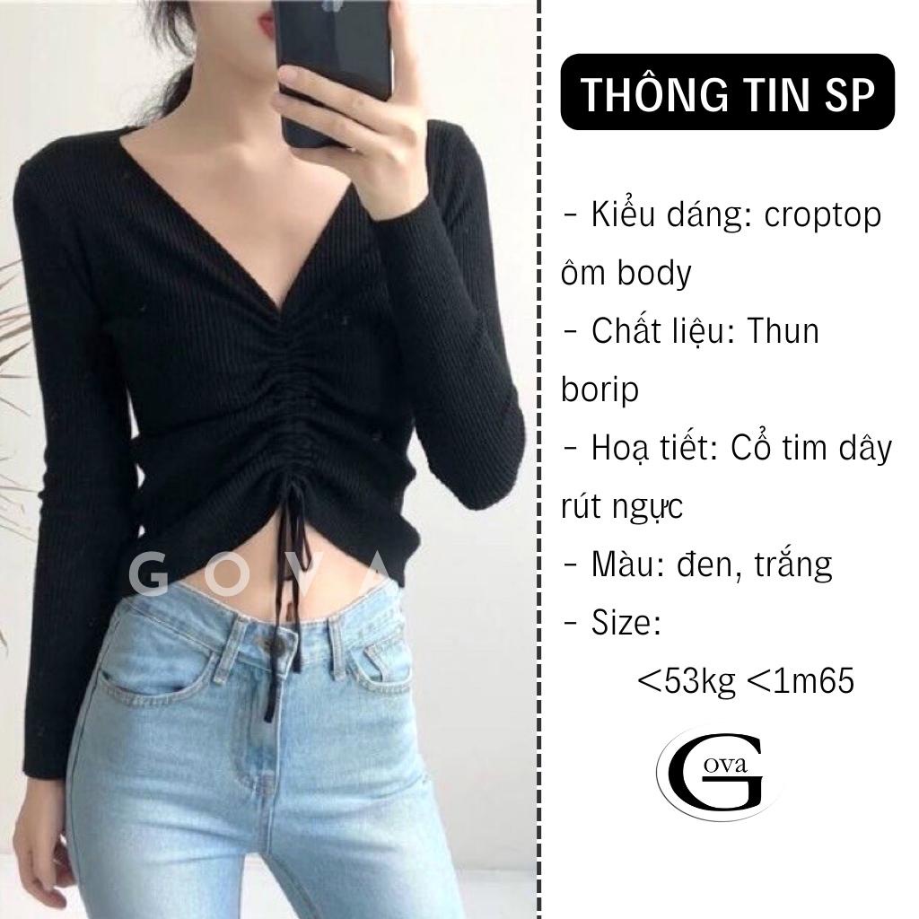 Áo Croptop cổ V nhún ngực rút dây Hot Trend Áo kiểu nữ ôm chất thun Cao Cấp gân mềm mát