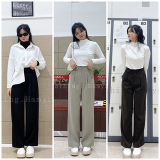 Quần ống rộng Hamy Q-14 vải thun cạp cao dáng thẳng màu be nâu đen