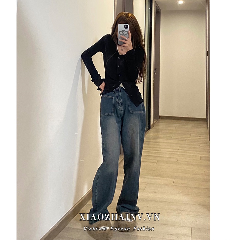 Quần jeans XIAOZHAINV dài ống rộng lưng cao kiểu vintage thời trang
