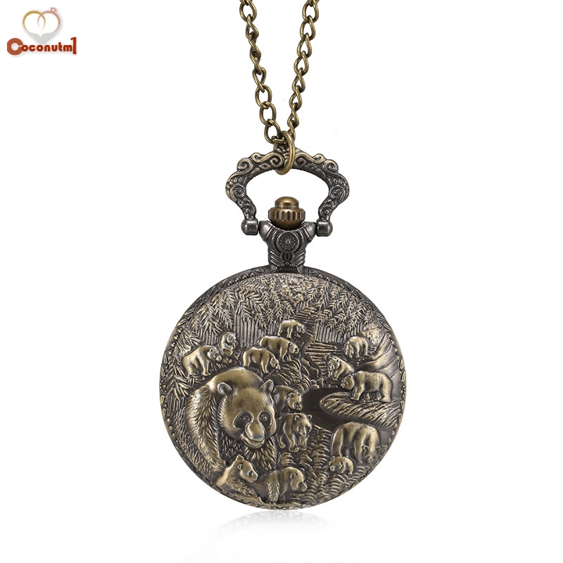 C✞ 1 Pcs Men Women Bronze Quartz Pocket Watch Panda Carved Case with Chain