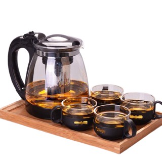 Bộ ấm pha trà thủy tinh tái chế giá rẻ có lưới lọc inox tặng kèm 4 ly cốc