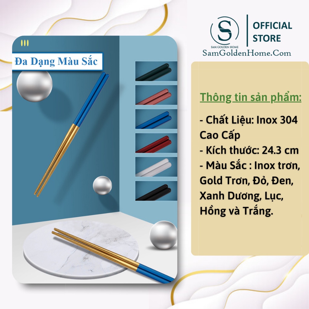 Đũa Inox 304 Hàn Quốc Chống Trượt Mạ Vàng Gold Cán Màu Sang Trọng Nhiều Màu Siêu Bền