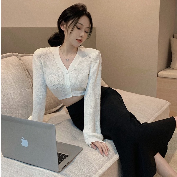 Set Áo Khoác Cardigan Dệt Kim Cổ Chữ V Dài Tay + Chân Váy Lưng Cao Thời Trang Nữ