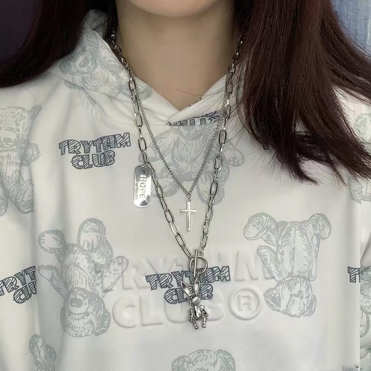 Vòng cổ Hai Lớp Mặt Hình Thỏ Thánh Giá Phong Cách Hip Hop Hàn Quốc Cho Nữ
