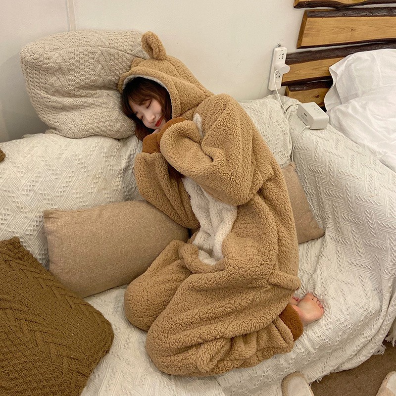 Bộ Lông Gấu Nâu Khéo Khóa Siêu Xinh - Bộ Quần Áo Liền Mũ Tai Gấu Unisex Hot Hit THỜI TRANG 1989