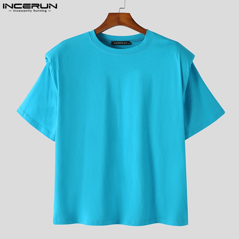 Áo thun INCERUN trơn màu tay ngắn cổ tròn dáng rộng đơn giản cho nam