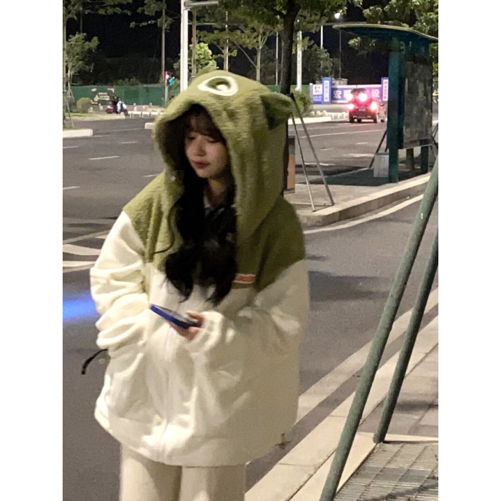Áo Khoác Hoodie Giả Lông Cừu Dày Dặn Phối Màu Dễ Thương Thời Trang Thu Đông Hàn Quốc