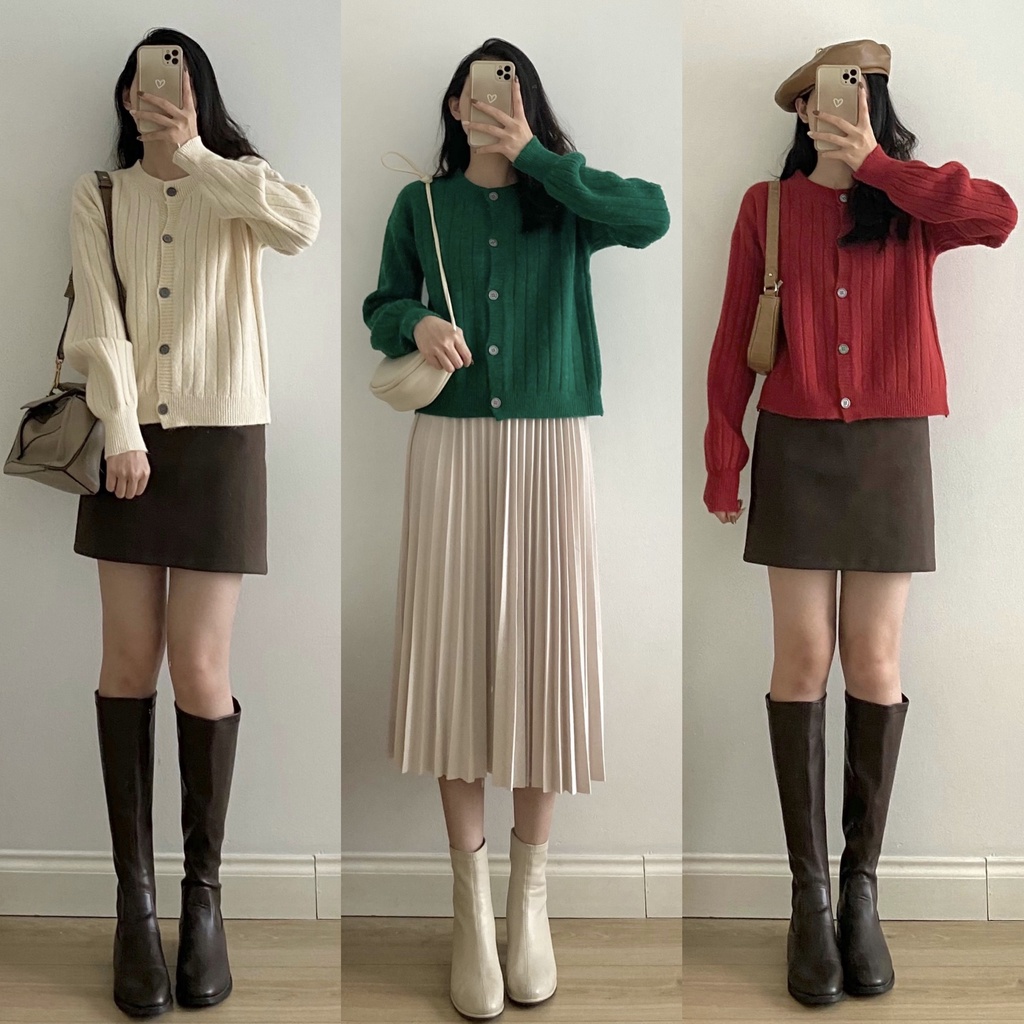 Áo cardigan len vân dọc cúc ghi _ A0299