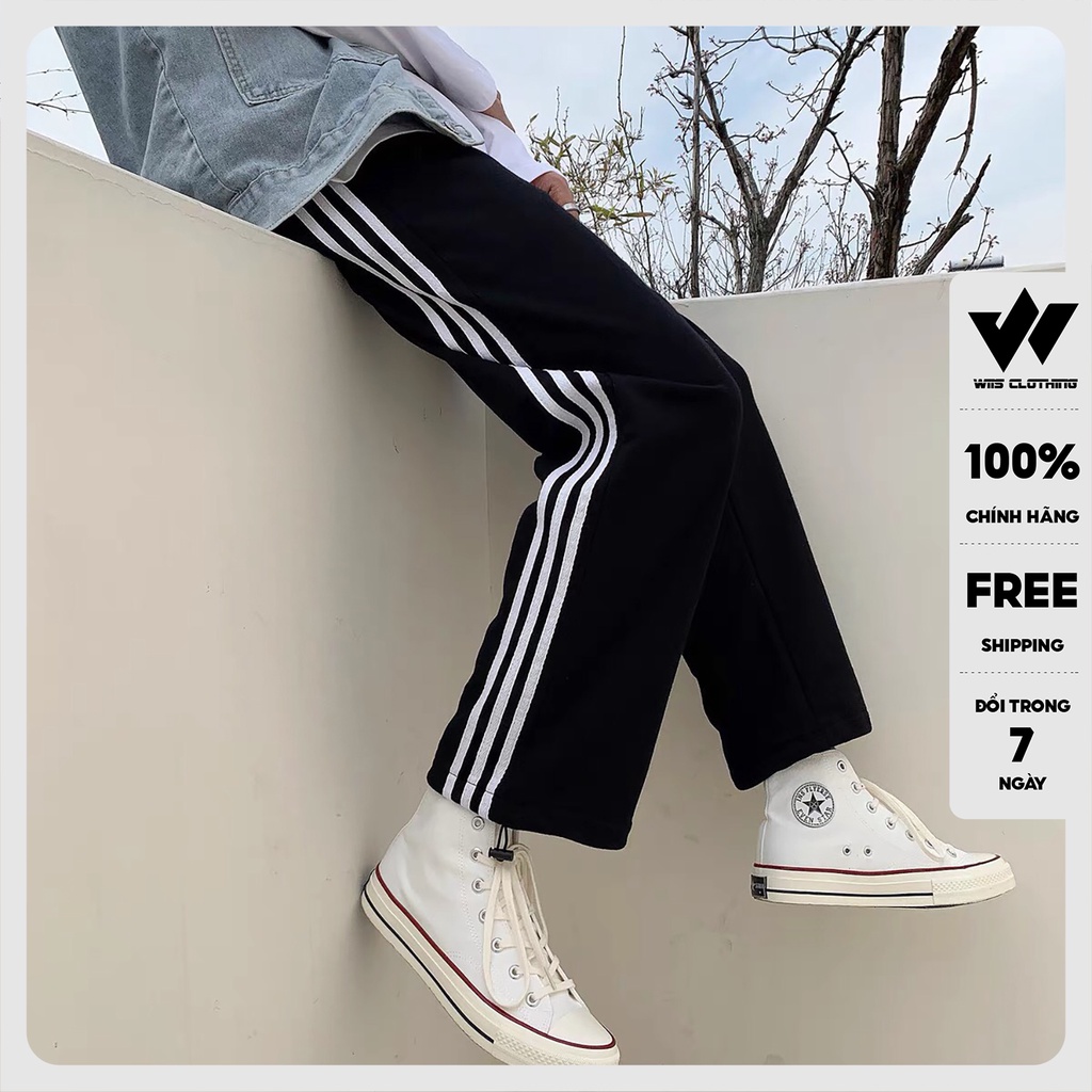 Quần jogger ống rộng unisex WIIS Bó Chun dây rút basic 3 Sọc nam nữ oversize ullzang