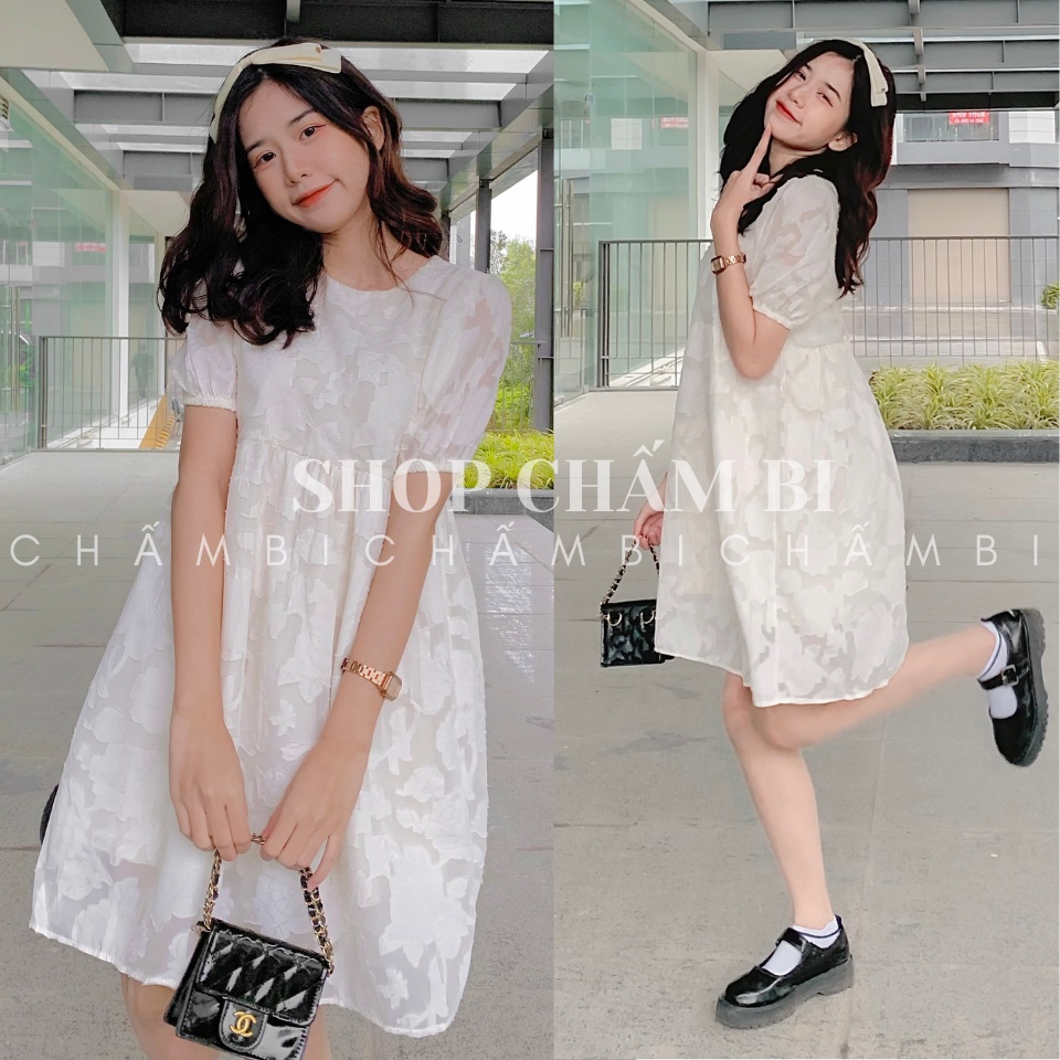 Váy kiểu Hàn Quốc V.097, Váy babydoll be 2 lớp cổ tròn tay phồng thắt nơ lưng họa tiết ren nổi cực xinh