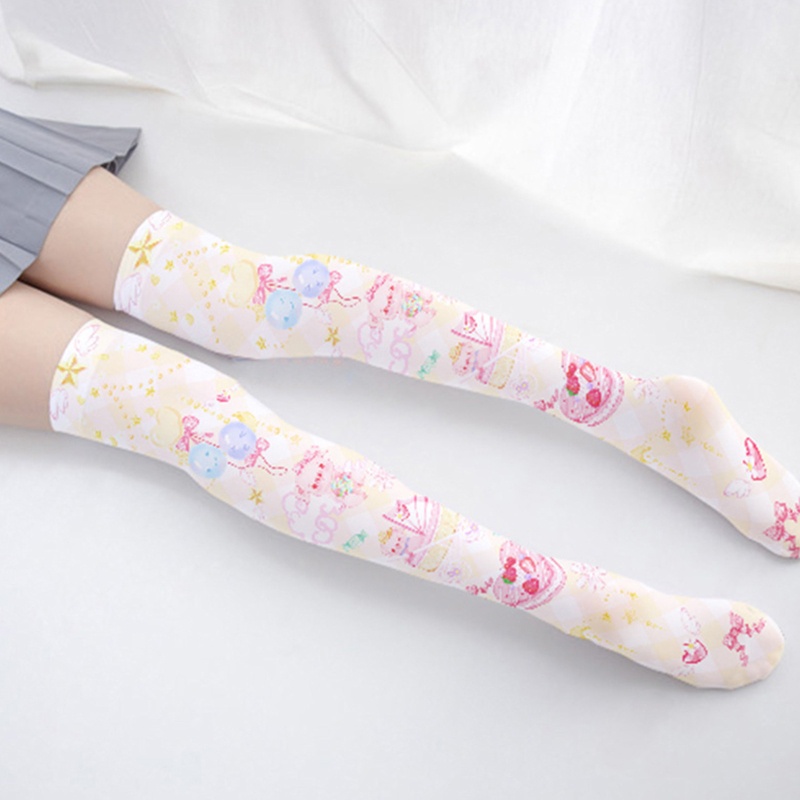Vớ dài qua gối in hình bánh kem dâu/ bong bóng hoạt hình phong cách Lolita ngọt ngào dễ thương cho nữ