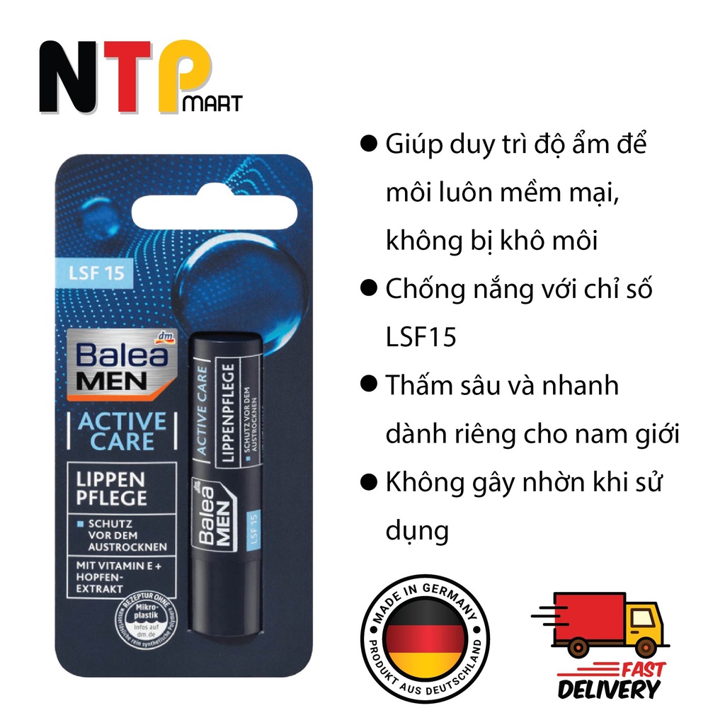 Son dưỡng môi Balea Men Active Care Lippenpflege dưỡng ẩm và chống nắng LPF15 dành cho nam nhập khẩu Đức