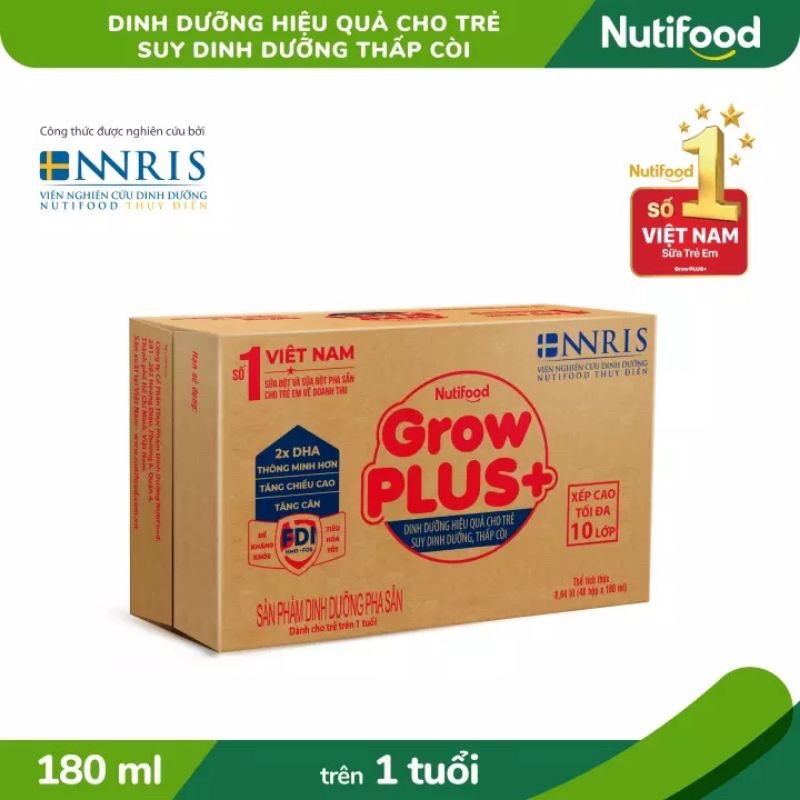 Thùng sữa bột pha sẵn NutiFood Grow Plus + Đỏ 180ml (48 hộp)