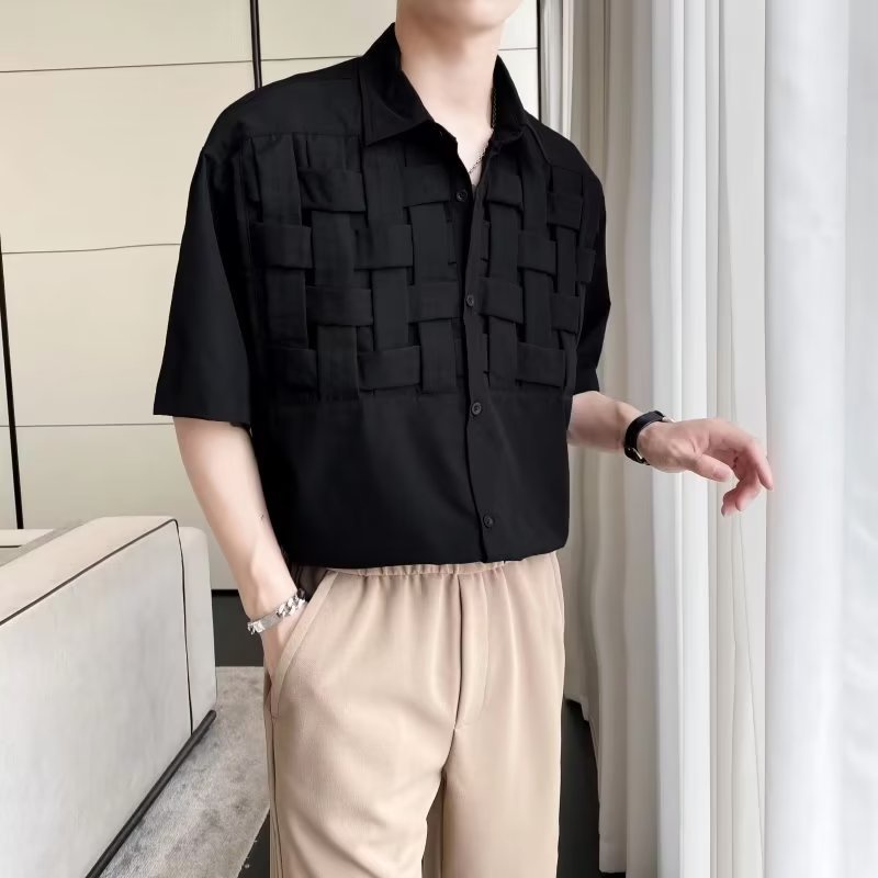 Người đàn ông Sọc Dệt áo Sơ Mi Rắn Màu Ve áo Tay áo Năm điểm Lỏng Lẻo Nút áo Trung Tính đơn Giản Thời Trang áo Thun