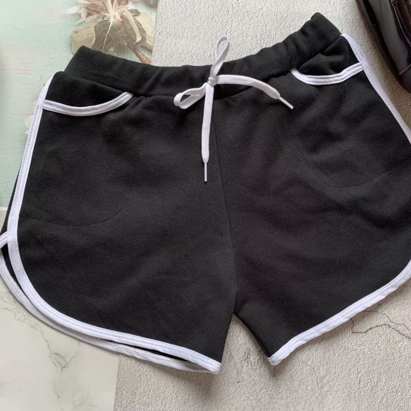 Quần đùi short nữ mặc nhà trắng bo viền cotton mềm chạy bộ đi tập cá tính co giãn đẹp rút dây thể thao ESHOP QD01