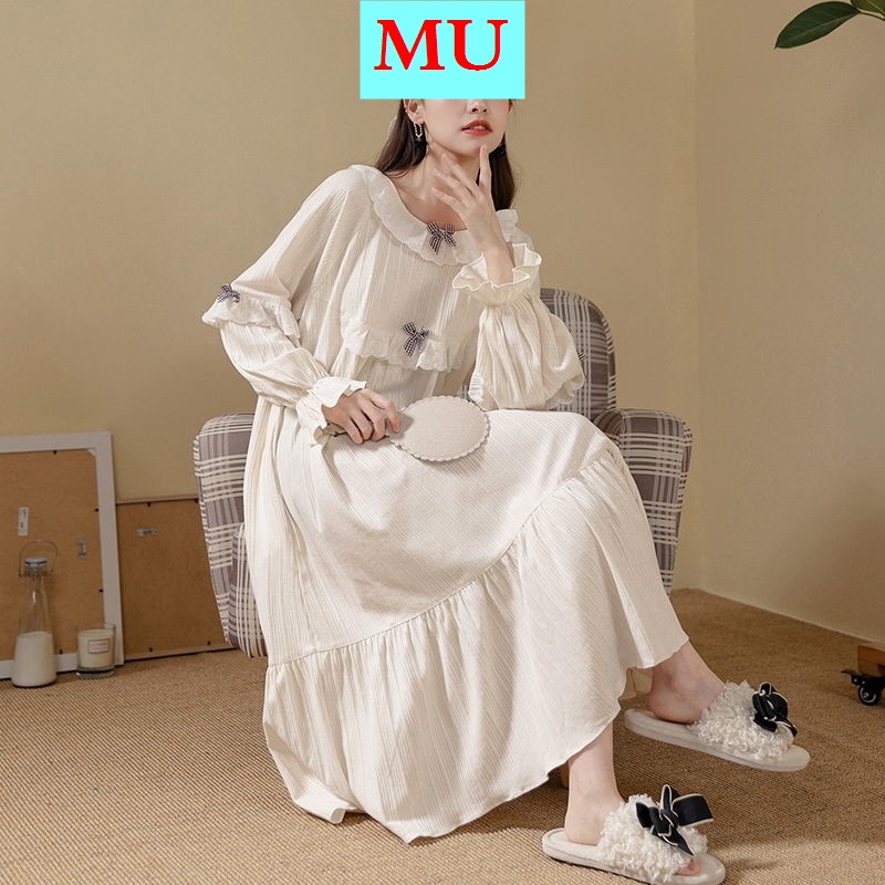 Đầm ngủ tay dài chất liệu cotton thời trang xuân thu phong cách Pháp dễ thương cho nữ 2021