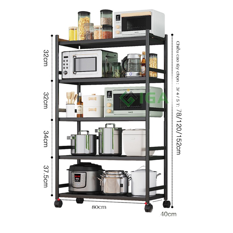 Kệ nhà bếp đa năng IGA khung inox 304 sơn đen tĩnh điện cao cấp