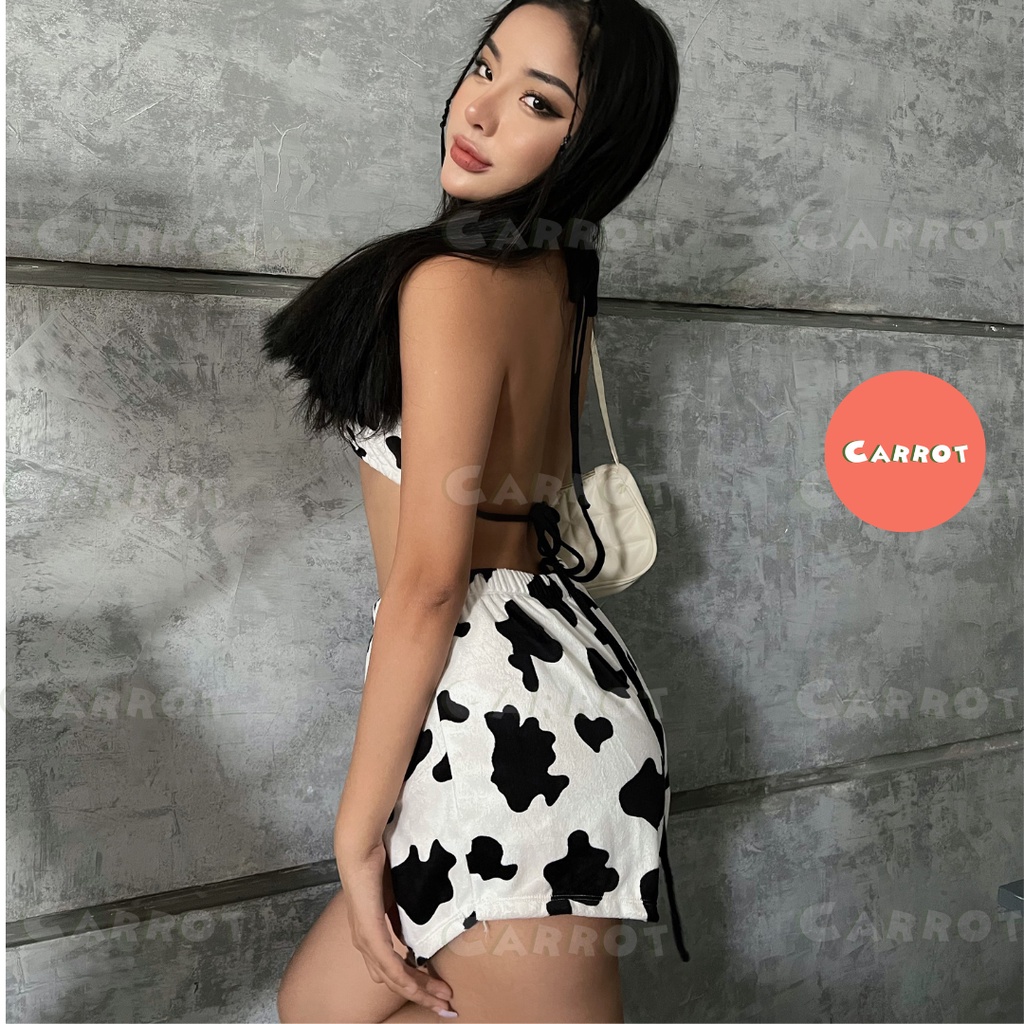 Quần đùi nhung bò sữa áo ngực bra đốm bò sữa cột cổ chất nhung cao cấp freesize carrotxinhdep cá tính năng động dễ thươn