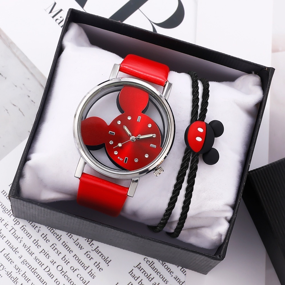 Bộ Đồng Hồ Đeo Tay Quartz Mặt Hình Chuột Mickey Cho Nữ