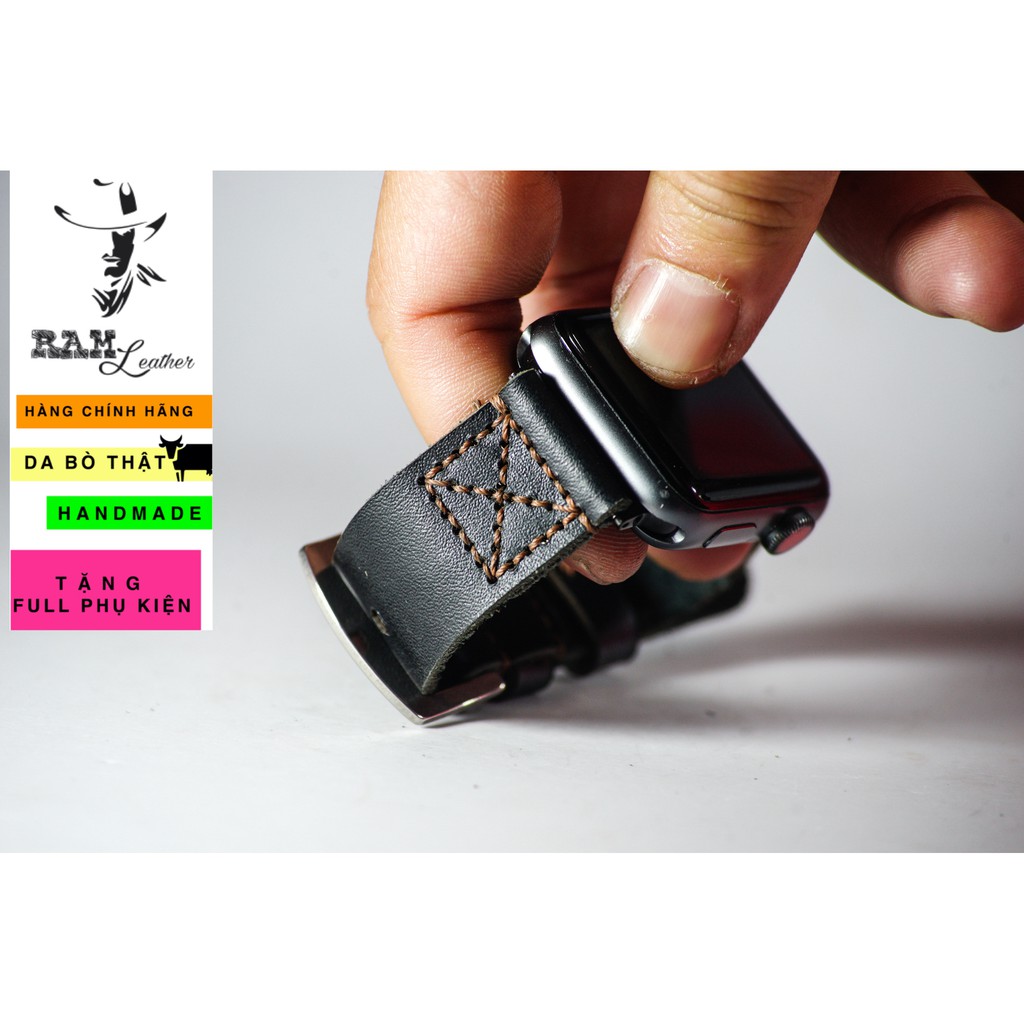Dây apple watch da bò đen handmade bền chắc cực đẹp kiểu phi công RAM Leather simple X Pilot - tặng khóa chốt và adapter