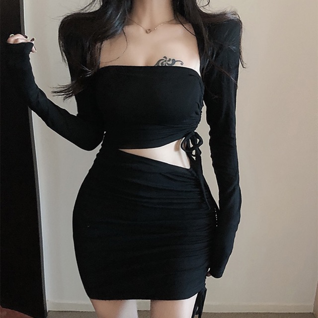 Set đầm ôm body hở eo rút dây Ulzzang(sẵnđen Hồng )