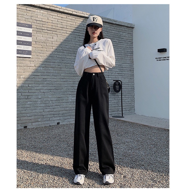 Quần jeans ống rộng nữ 2 màu đen - trắng cạp cao neih.studio