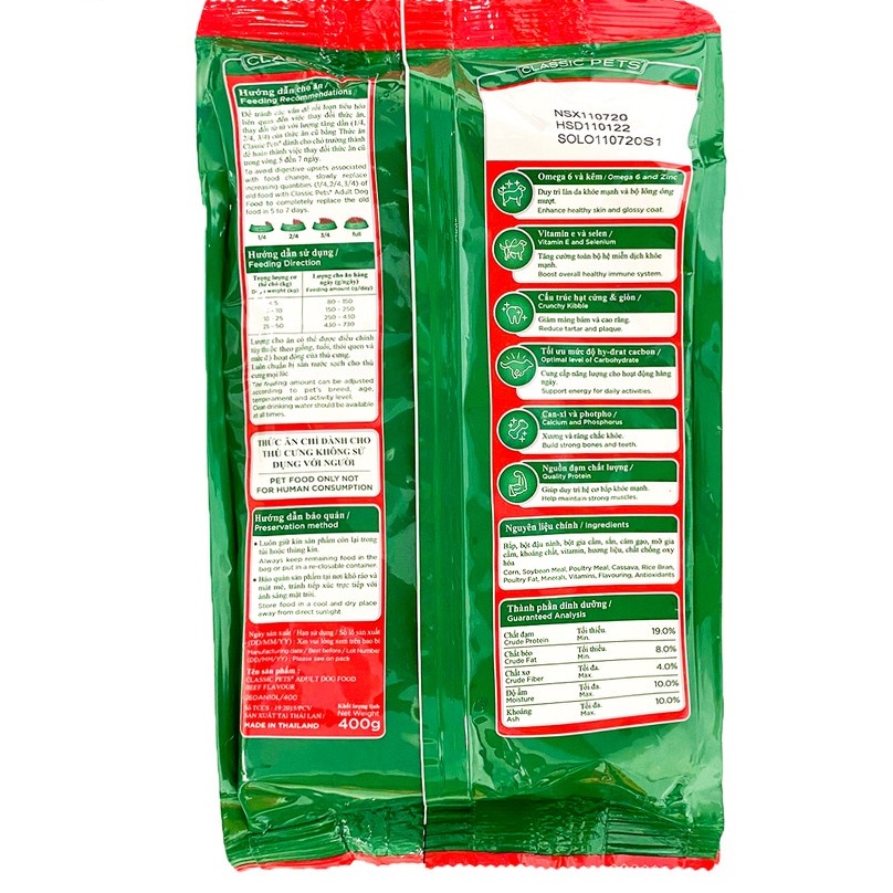 Thức Ăn Cho Chó Lớn Classic Adult Vị Thịt Bò Hạt Khô 400g - Khối lượng: 400g Hạn sử dụng: 24 tháng kể từ ngày