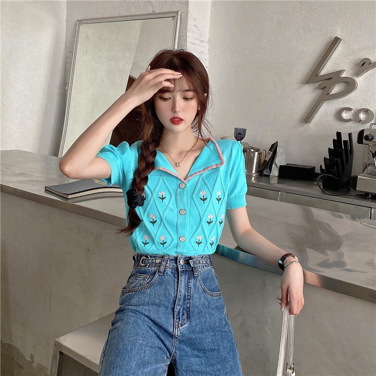 Áo thun polo ZHELIHANGFEI dệt kim tay ngắn thêu hoa phối ren dễ thương thời trang