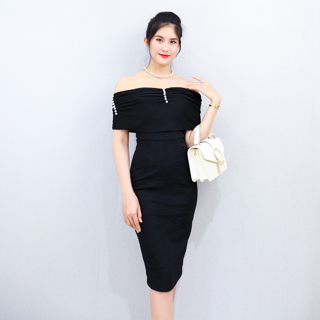 Váy Dự Tiệc Sang Trọng Ôm Body trễ vai AMYRA trẻ trung thun xốp xẻ tà đính ngọc sexy DA179